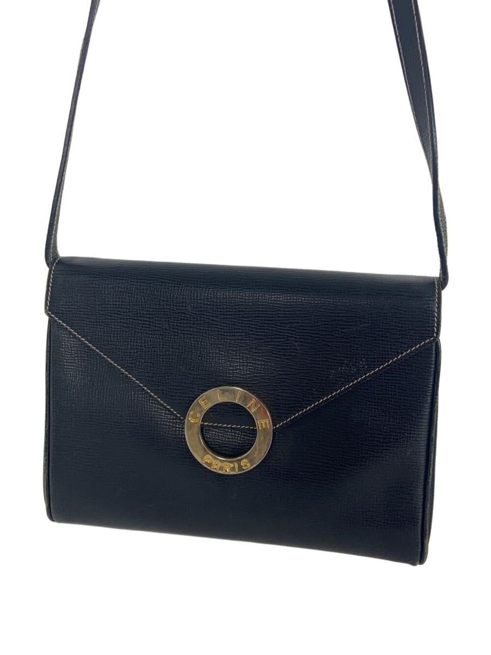 Celine black leather envelope shoulder bag Celine Paris circle ring